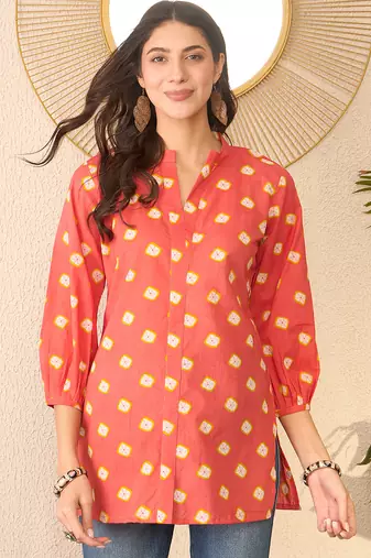 Women orange cotton blend shibori printed regular top