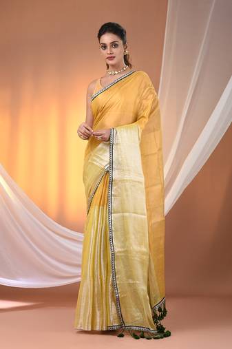 Yellow shimmer tissue saree with gota patti borders