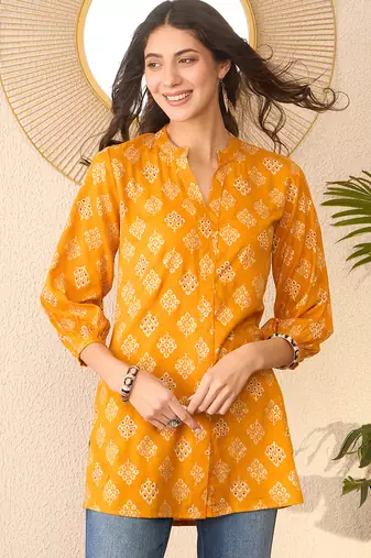 Women yellow cotton blend floral printed regular top