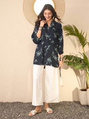 Women navy blue rayon blend floral printed regular top 5