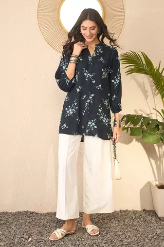 Women navy blue rayon blend floral printed regular top