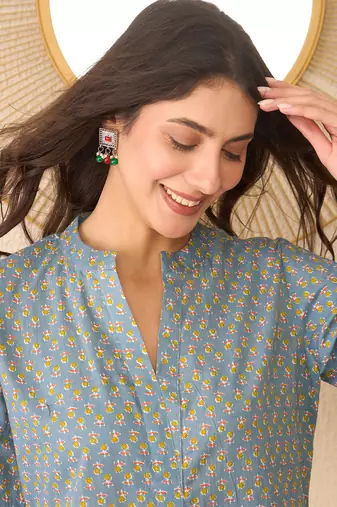 Grey Cotton Printed Kurti
