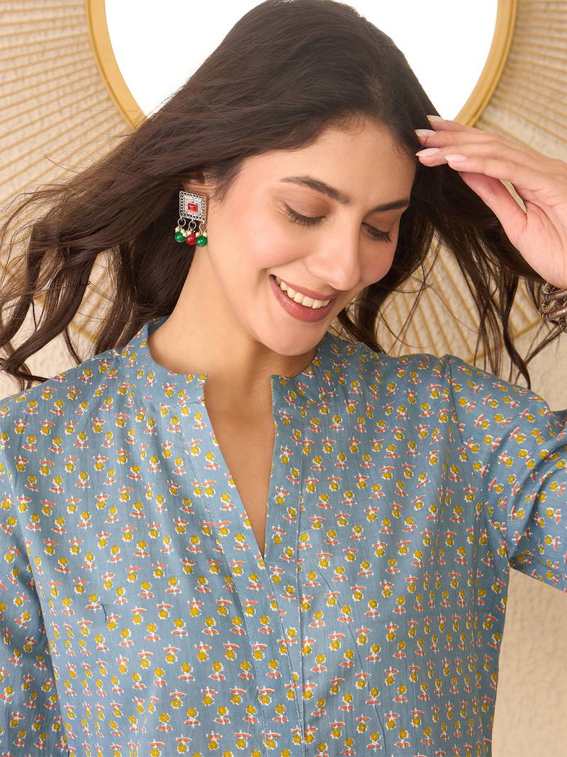 Grey Cotton Printed Kurti