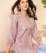 Women grey cotton blend floral printed regular top