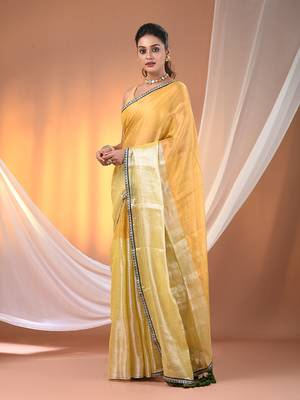 Yellow shimmer tissue saree with gota patti borders 2