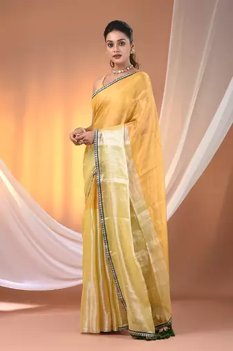 Yellow shimmer tissue saree with gota patti borders