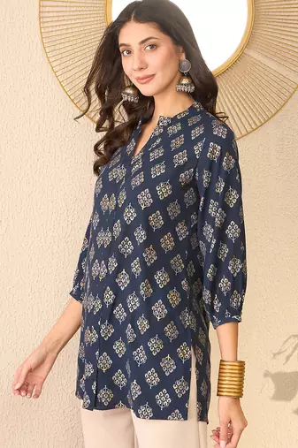 Women navy blue cotton blend floral printed regular top