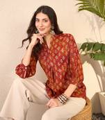 Women orange cotton blend ethnic motifs printed regular top