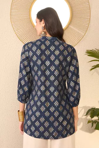 Women navy blue cotton blend floral printed regular top