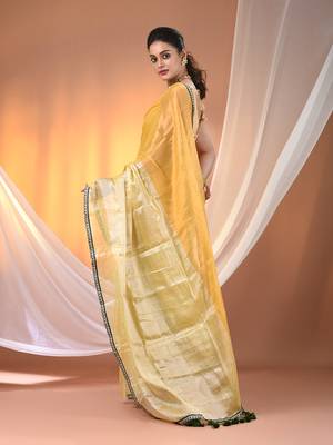 Yellow shimmer tissue saree with gota patti borders 3