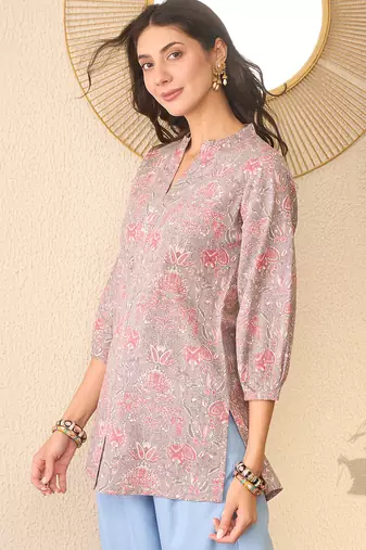 Women grey cotton blend floral printed regular top