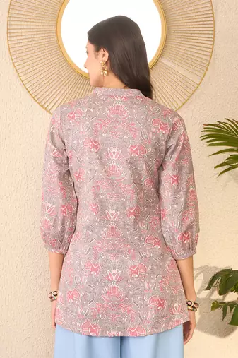 Women grey cotton blend floral printed regular top