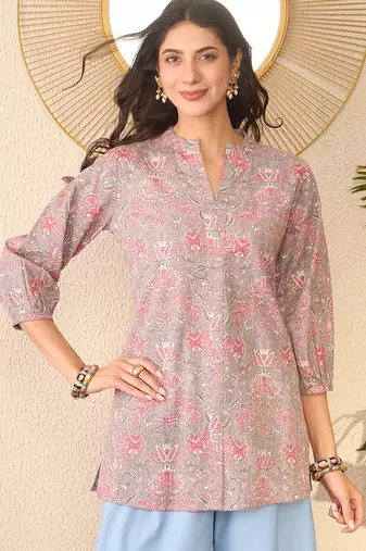 Women grey cotton blend floral printed regular top