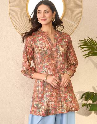 Women multi rayon blend abstract printed regular top 5