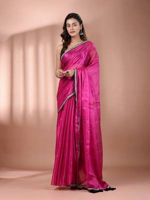 Pink shimmer tissue saree with gota patti borders 1