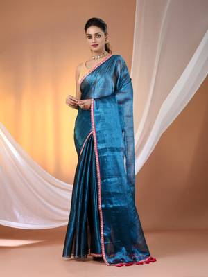 Sapphire blue shimmer tissue saree with gota patti borders 1