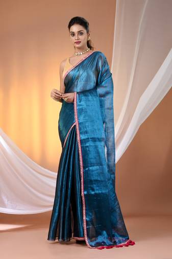 Sapphire blue shimmer tissue saree with gota patti borders