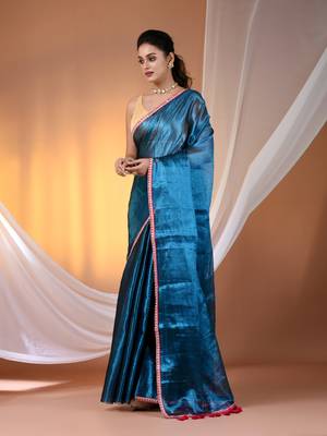 Sapphire blue shimmer tissue saree with gota patti borders 2