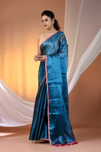 Sapphire blue shimmer tissue saree with gota patti borders