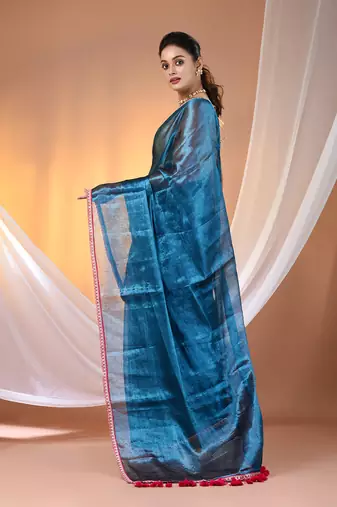 Sapphire blue shimmer tissue saree with gota patti borders