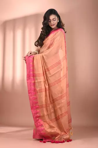 Beige tissue soft saree with temple borders