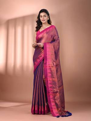 Violet tissue soft saree with temple borders 1