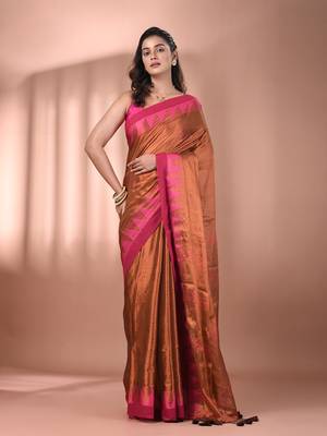 Brown tissue soft saree with temple borders 1