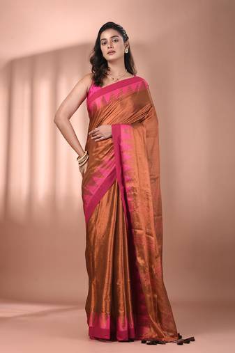 Brown tissue soft saree with temple borders