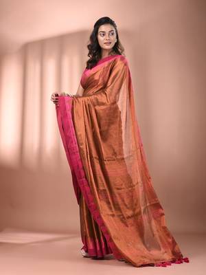 Brown tissue soft saree with temple borders 2