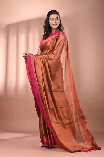 Brown tissue soft saree with temple borders