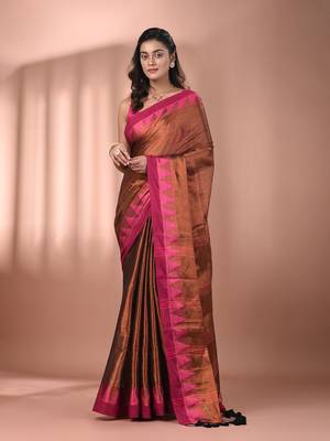 Copper tissue soft saree with temple borders 1