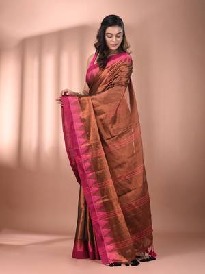 Copper tissue soft saree with temple borders 2
