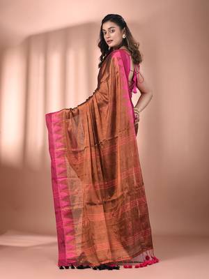Copper tissue soft saree with temple borders 3