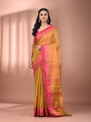 Lemon yellow tissue soft saree with temple borders 1