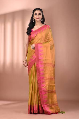 Lemon yellow tissue soft saree with temple borders