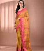 Lemon yellow tissue soft saree with temple borders