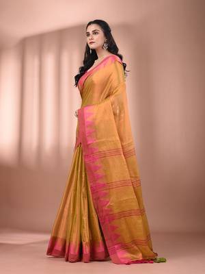 Lemon yellow tissue soft saree with temple borders 2
