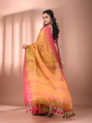Lemon yellow tissue soft saree with temple borders 3