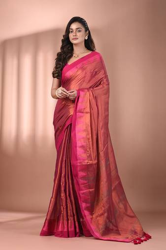 Pink tissue soft saree with temple borders