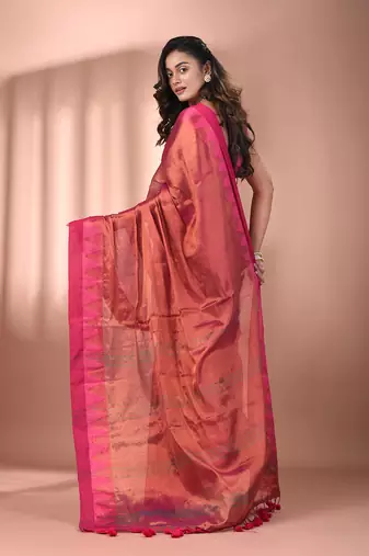 Pink tissue soft saree with temple borders