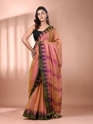Lime green dual tone tissue soft saree with temple borders 1