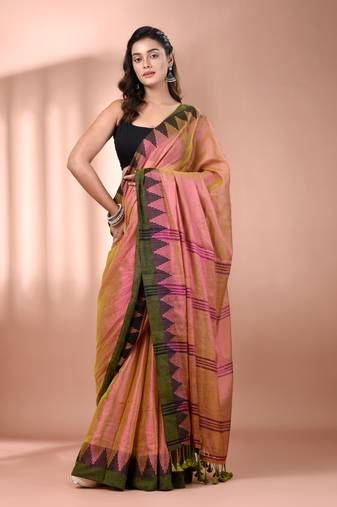 Lime green dual tone tissue soft saree with temple borders