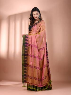 Lime green dual tone tissue soft saree with temple borders 2