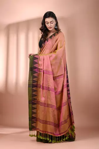 Lime green dual tone tissue soft saree with temple borders