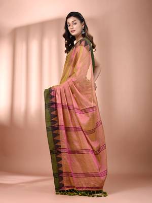 Lime green dual tone tissue soft saree with temple borders 3