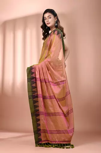 Lime green dual tone tissue soft saree with temple borders