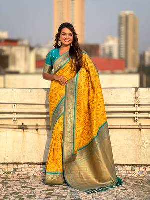 Yellow patola silk blend weaving ikkat meenakari saree 1
