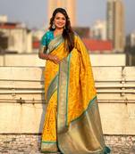 Yellow patola silk blend weaving ikkat meenakari saree