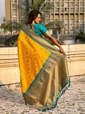 Yellow patola silk blend weaving ikkat meenakari saree 2