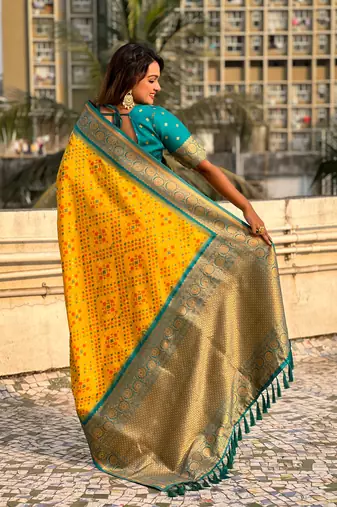 Yellow patola silk blend weaving ikkat meenakari saree